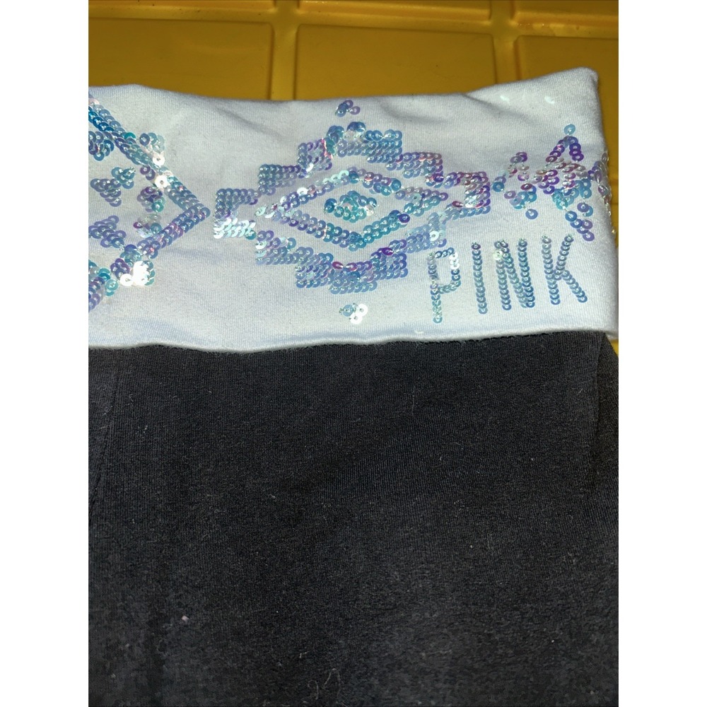 PINK Victorias Secret Yoga Pants Black Flare Sequin Foldover Waist Small Regular